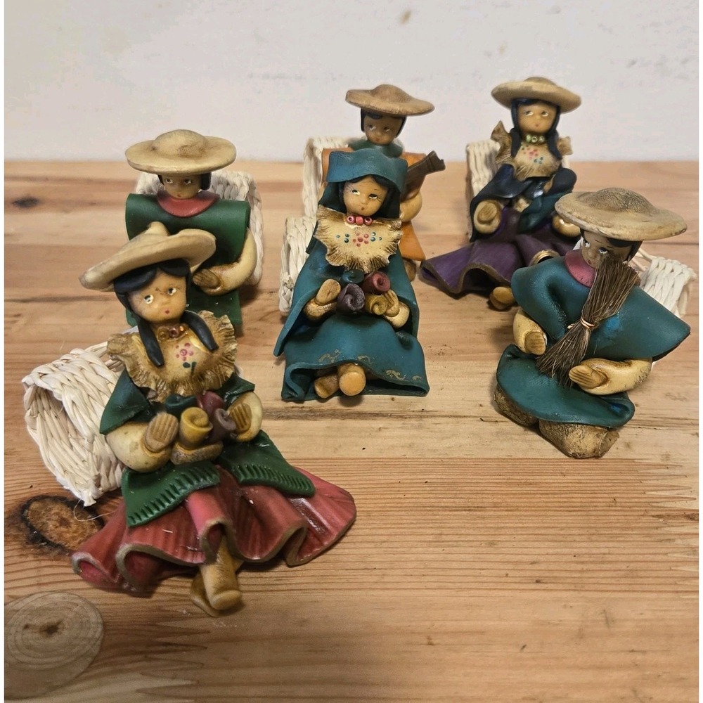 Vintage Set of 6 Andean Style Folk Art Clay Figural Napkin Rings Hand Painted